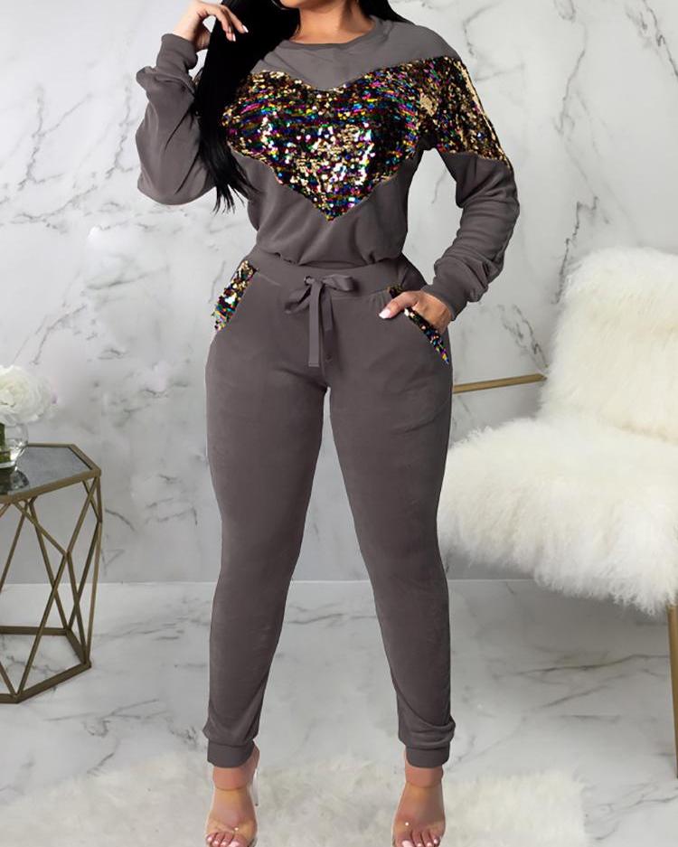 Heart Sequin Patch Drawstring Tracksuit