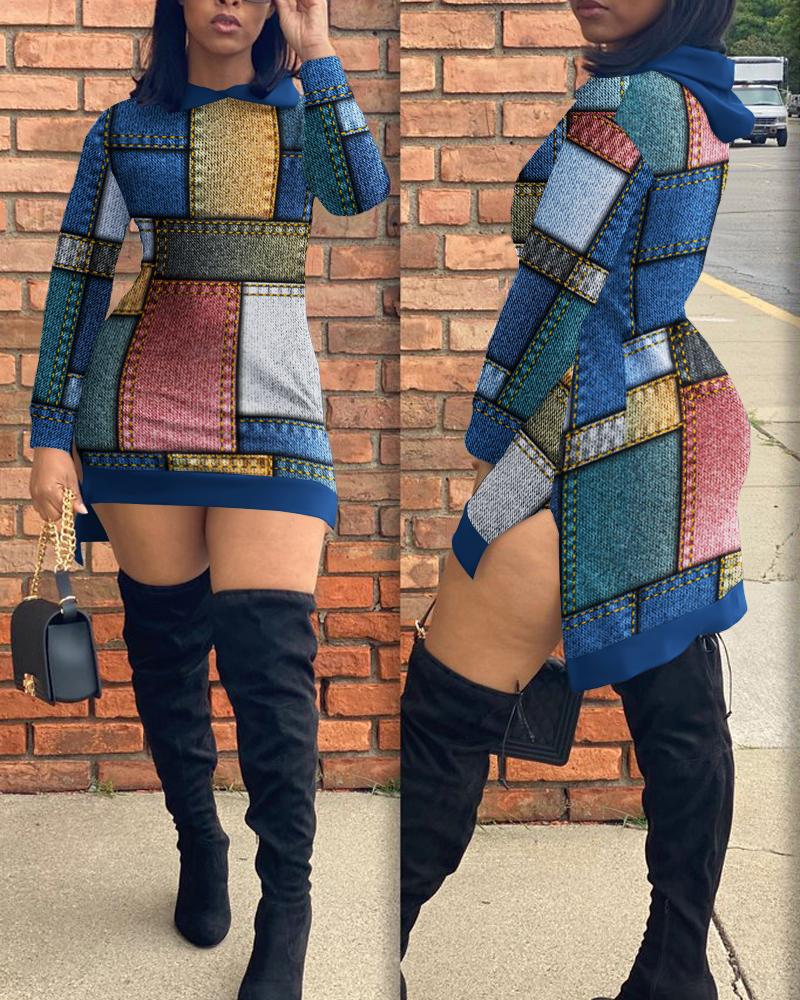 Denim Look Print Long Sleeve Sweatshirt Dress
