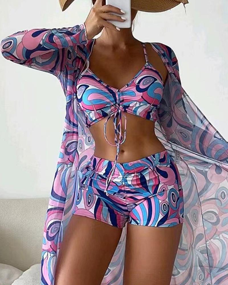 3PCS Allover Print Drawstring Bikini Set With Cover Up