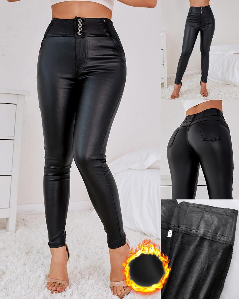 PU Leather Button Design Fleece Lined Pants