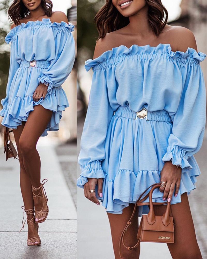 Off Shoulder Ruffle Hem Belted Casual Dress