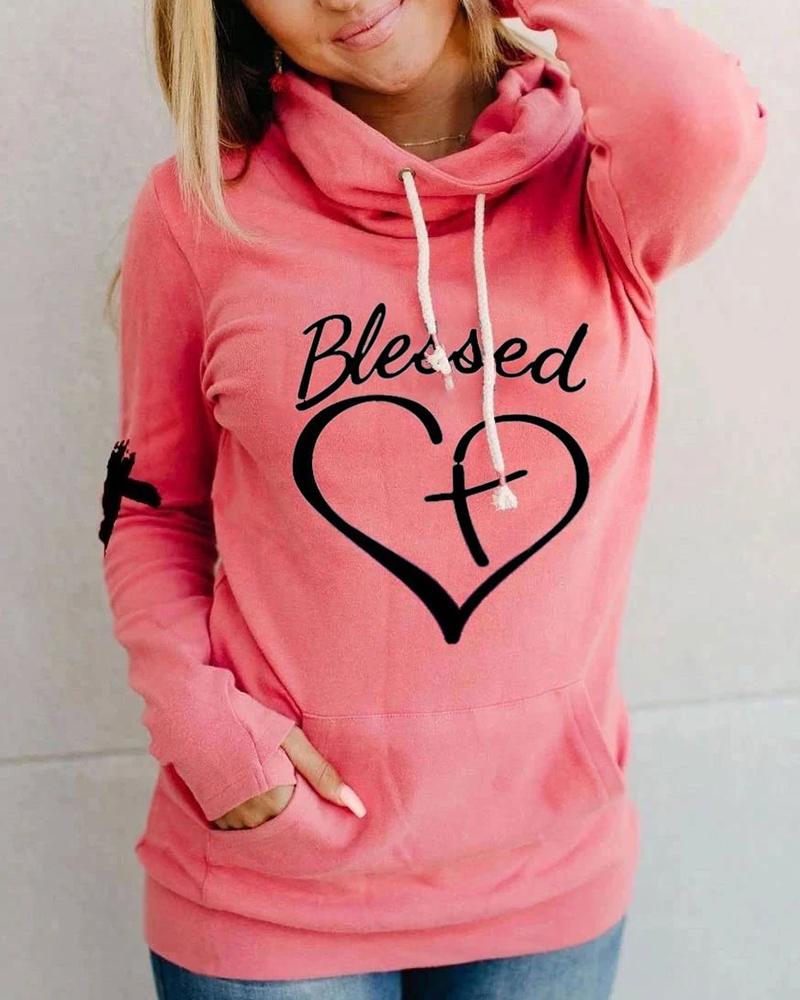 Letter Heart Print Hooded Long Sleeve Sweatshirt