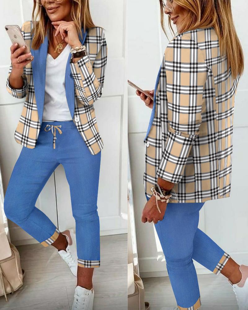 Plaid Print Patchwork Blazer Coat & Drawstring Pants Set