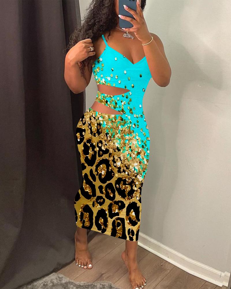 Contrast Leopard Print Cutout Midi Dress