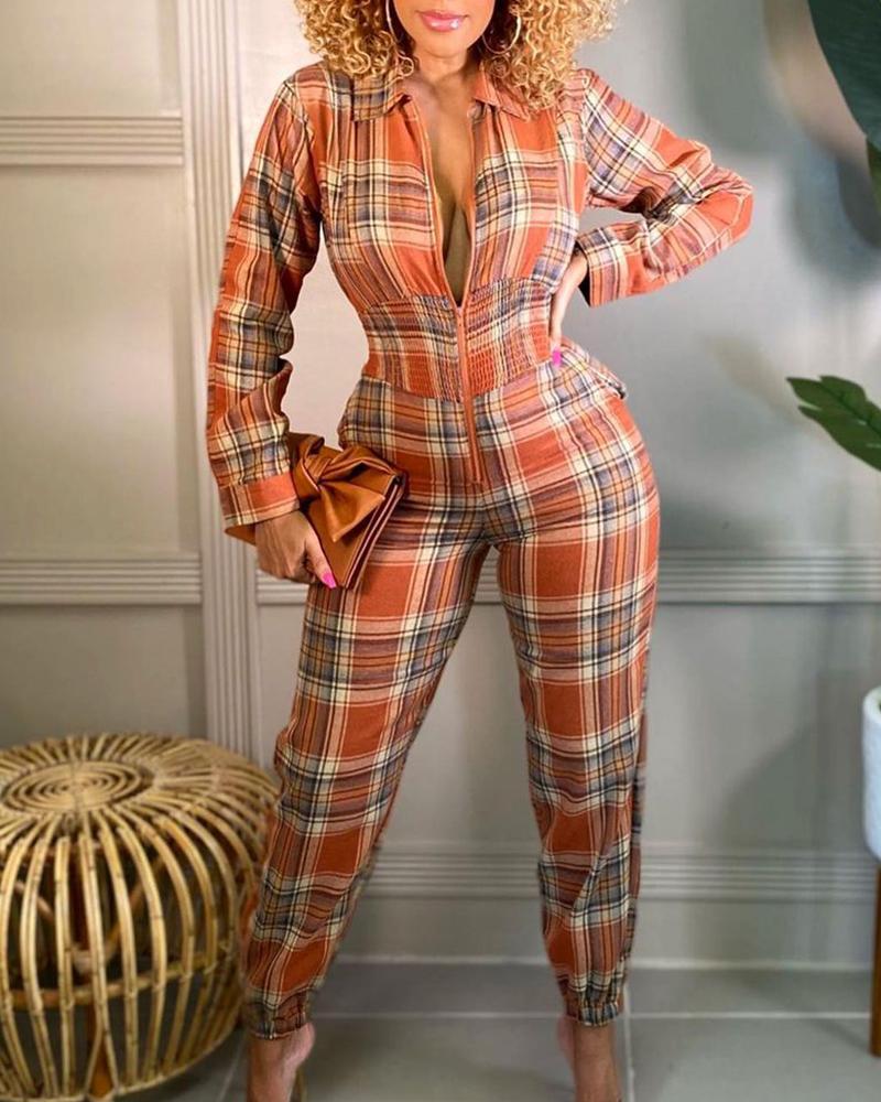 Plaid Print Zipper Design Shirred Cuff Jumpsuit