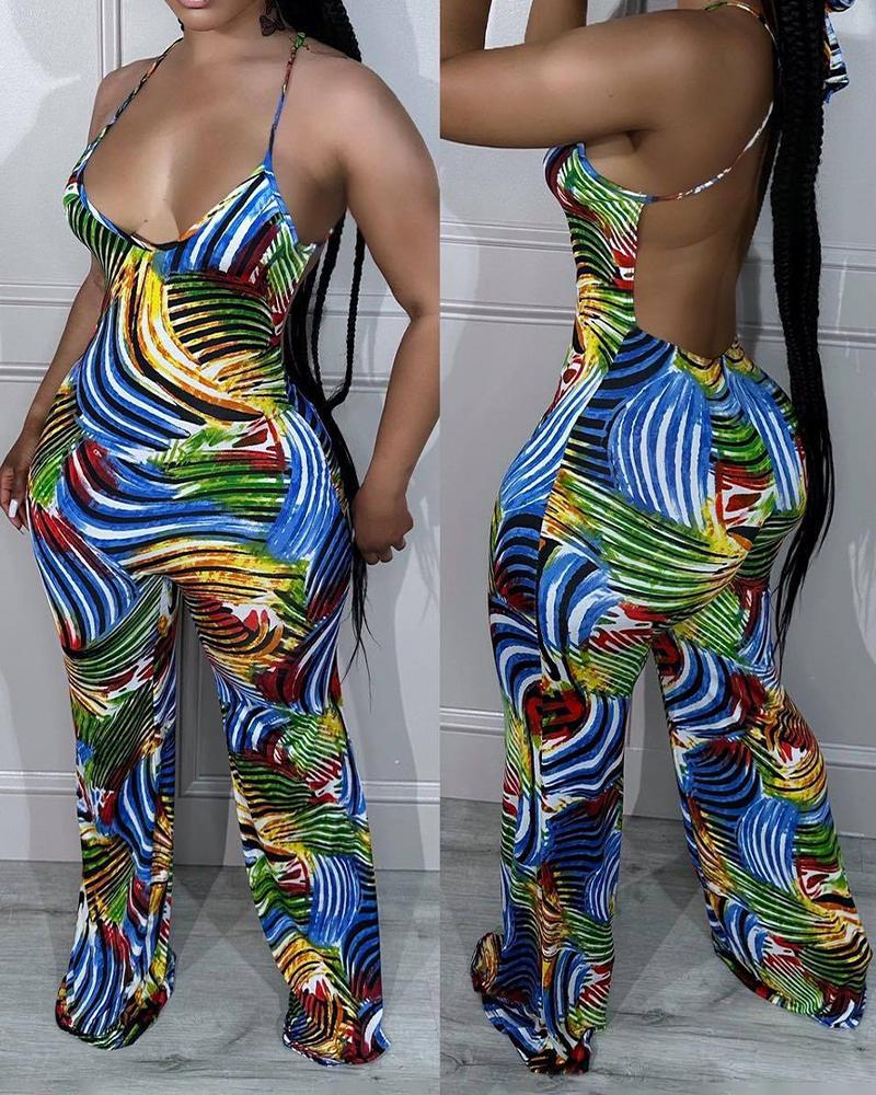 Abstract Print Crisscross Backless Jumpsuit