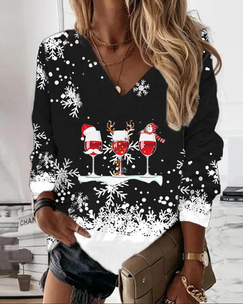 Christmas Snowflake Wine Glass Print Long Sleeve Top