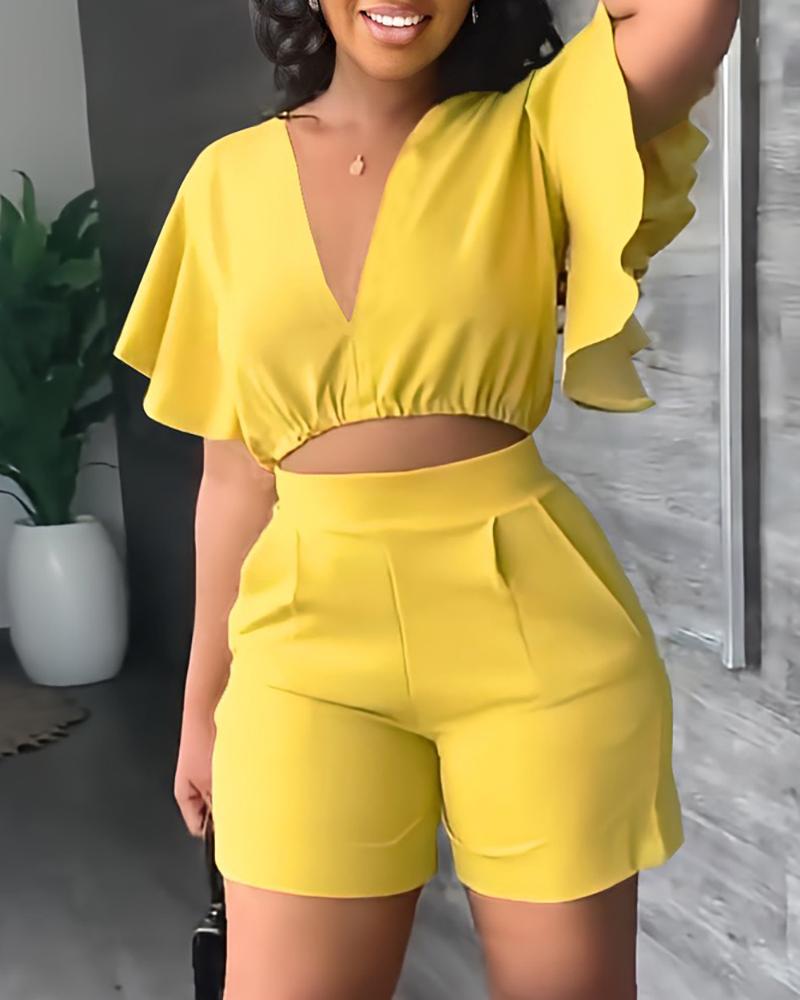 V-Neck Flutter Sleeve Crop Top & Shorts Set