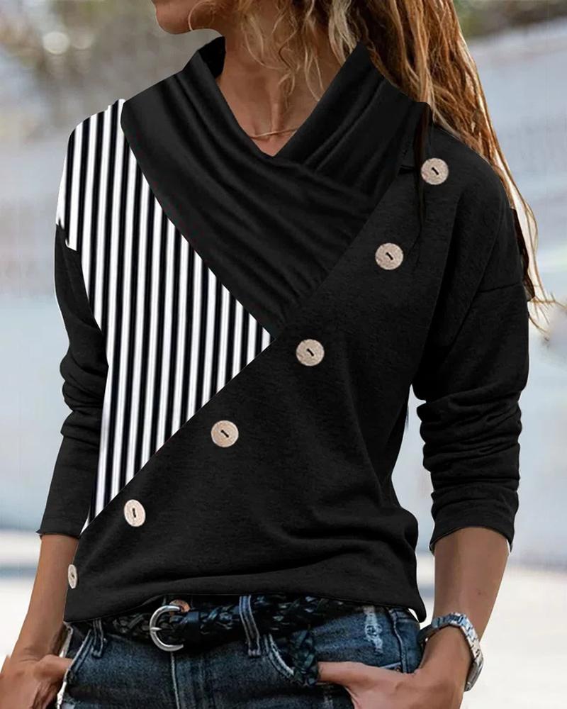 Striped Patchwork Button Decor Long Sleeve Top