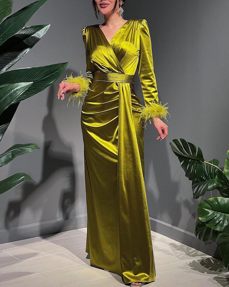 Feather Detail Ruched Puff Sleeve Evening Dress