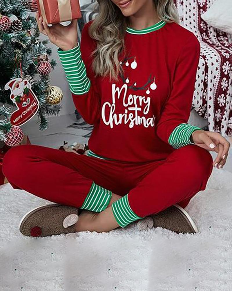 Christmas Striped Letter Print Long Sleeve Pajamas Set