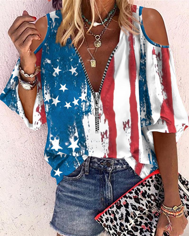 Independence Day Flag Print Cold Shoulder Top