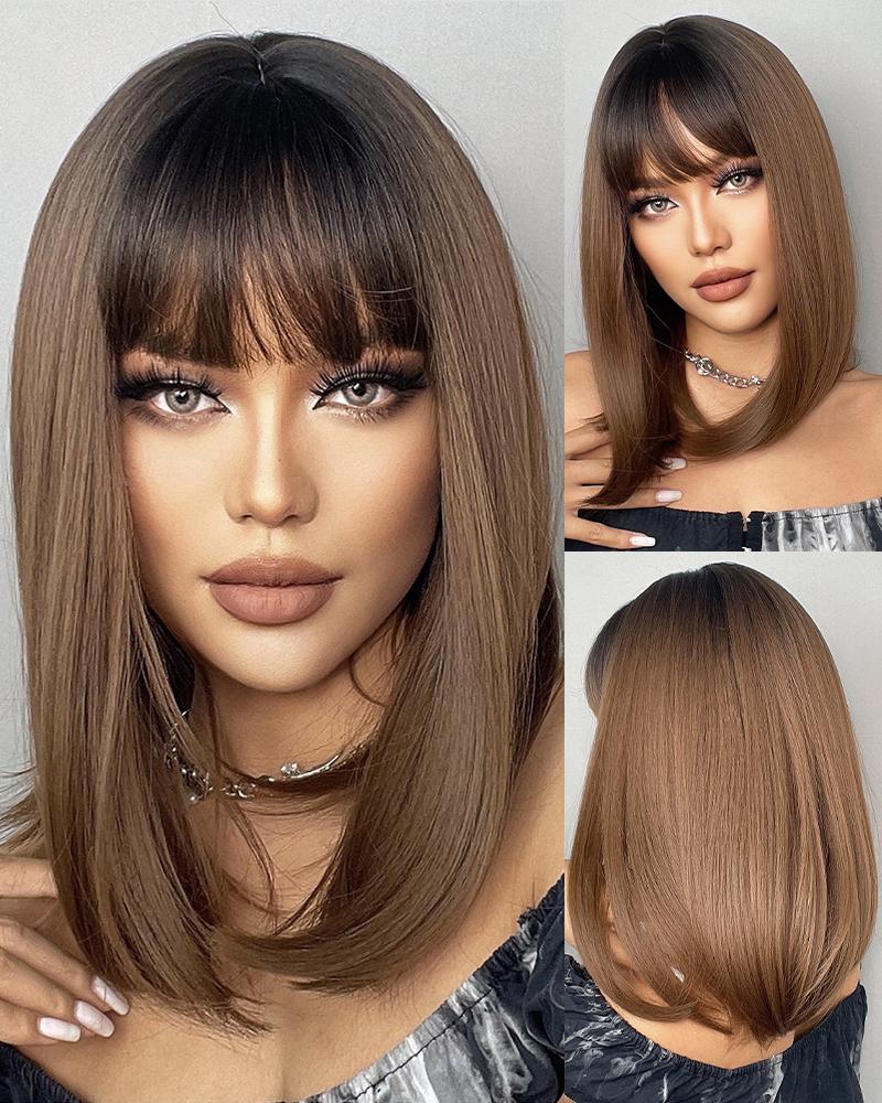 Long Synthetic BoBo Wig With Bang Brown Straight Hair Wigs
