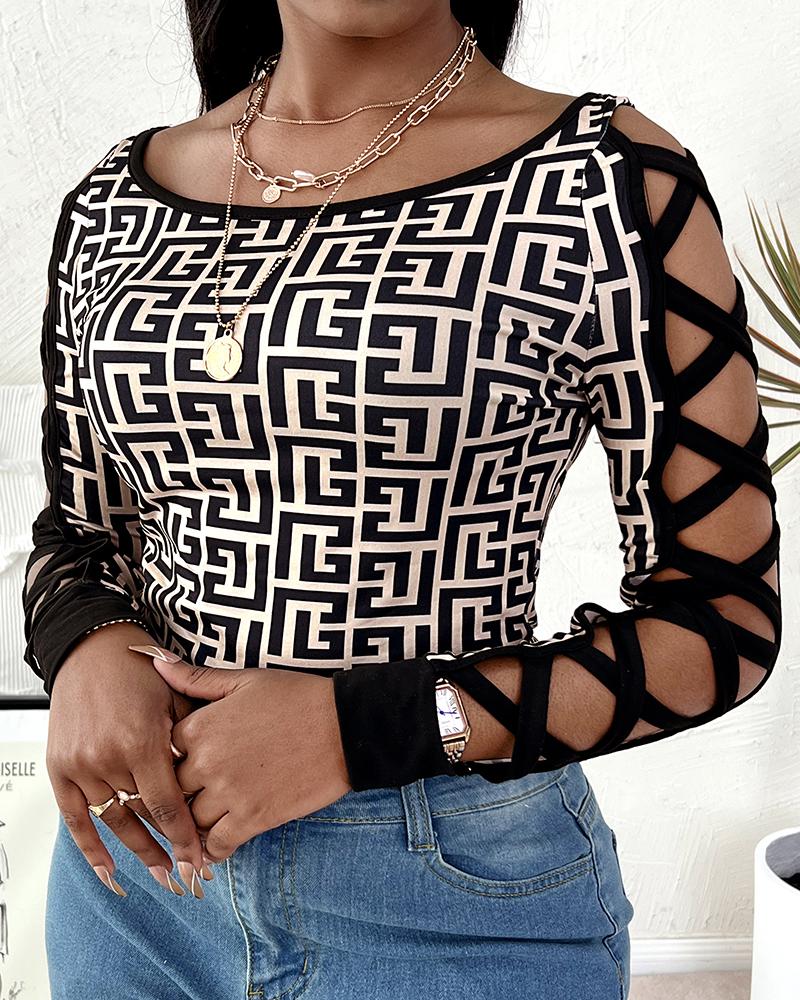 Geometric Print Crisscross Cold Shoulder Top