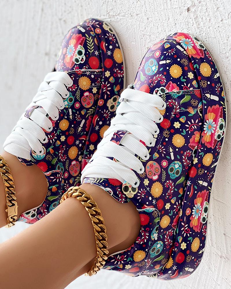 Halloween Skull Head Floral Print Lace-up Platform Sneakers