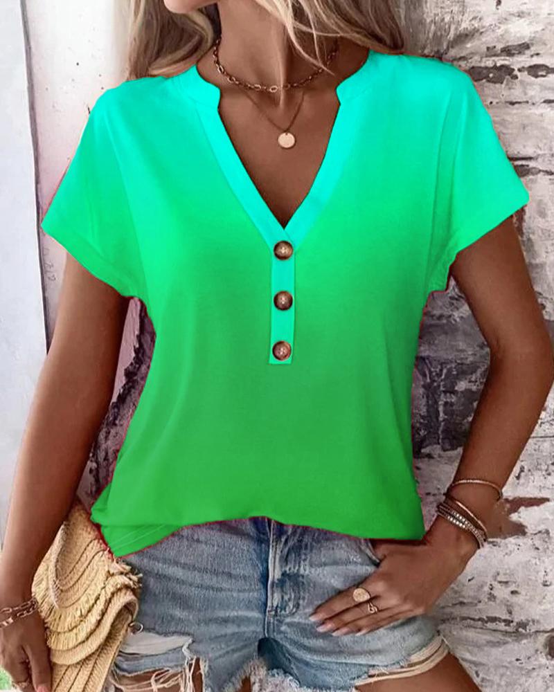 Ombre Notch Neck Buttoned Casual T-shirt