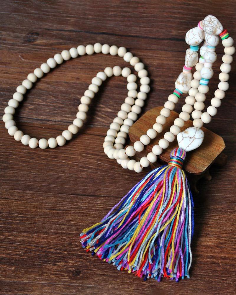 1pc Turquoise Beaded Tassel Design Pendant Necklace
