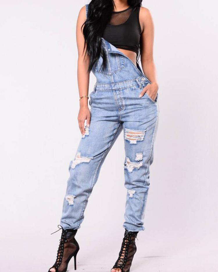 Fashion Ripped Pocket Design Suspender Jeans