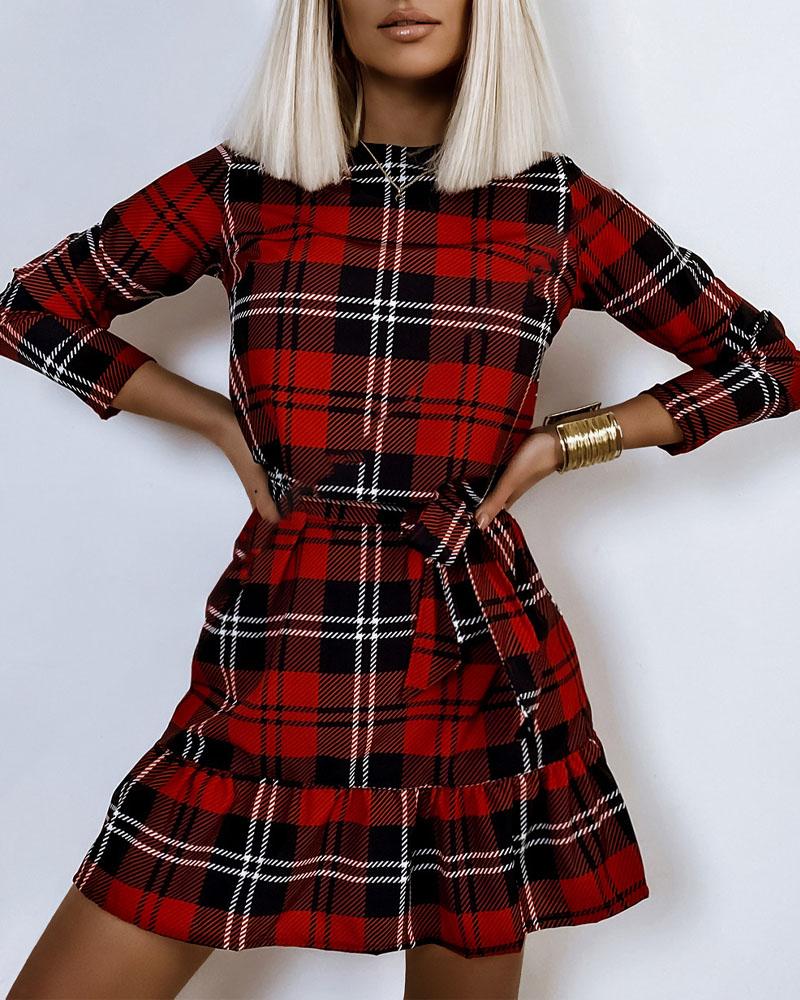 Plaid Print Ruffle Hem Velvet Casual Dress