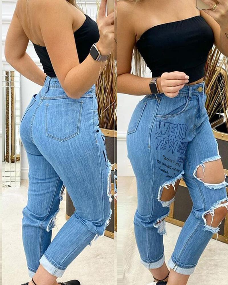   ChicMe Letter Print Cutout Raw Hem Jeans