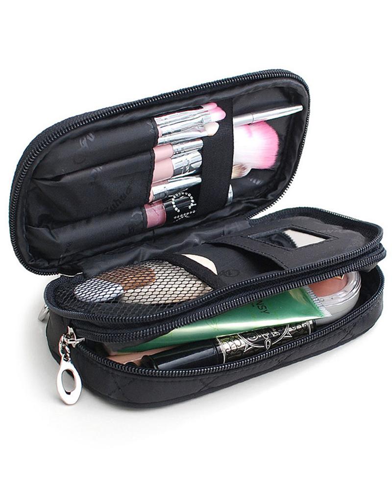 Multi-Functional Double Layer Cosmetic Organizer Waterproof Makeup Bag With Mirror Hold Brushes