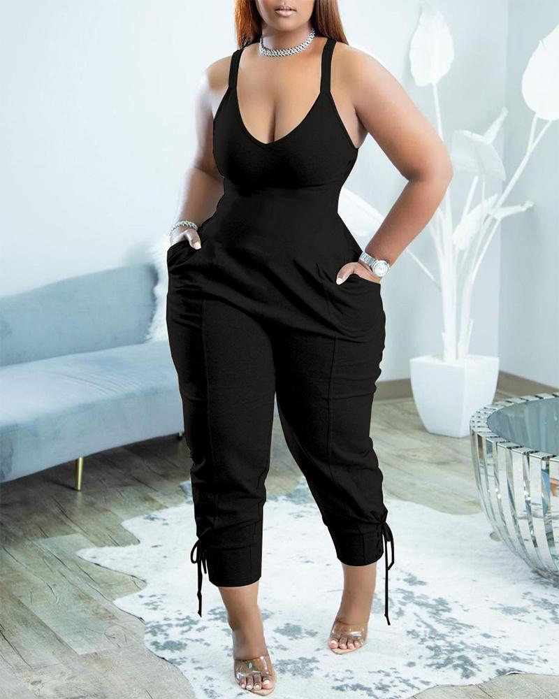 U-Neck Sleeveless Pocket Design Jumpsuit