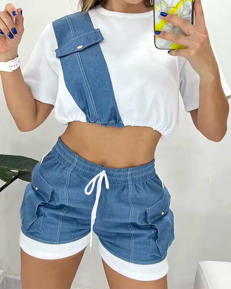 Colorblock Patchwork Crop Top & Drawstring Shorts Set