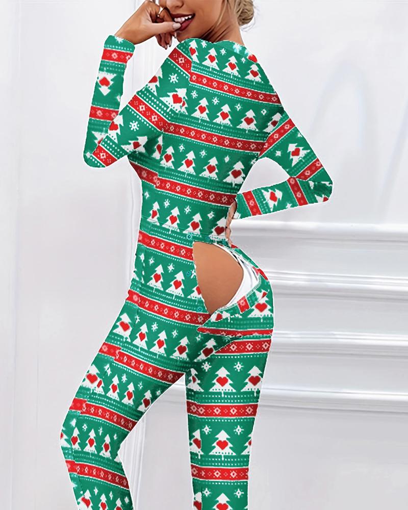   ChicMe Christmas Tree Print Functional Buttoned Flap Adults Pajamas