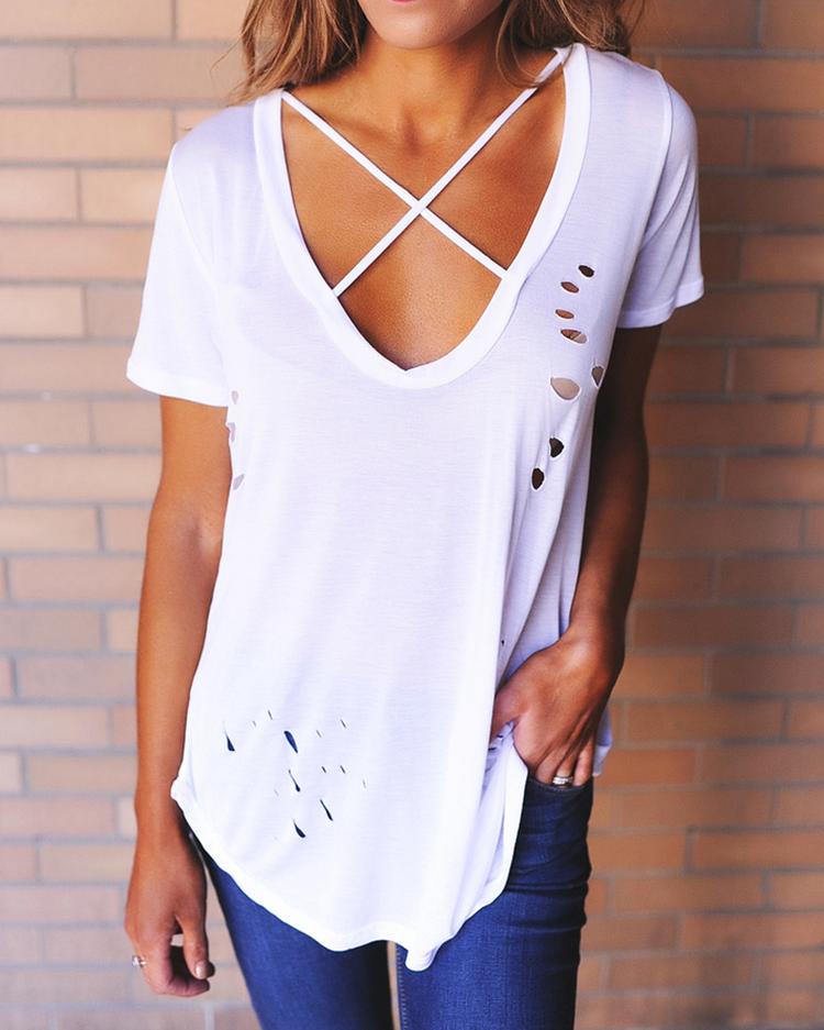 Stylish Criss Cross Cut Out T-shirt