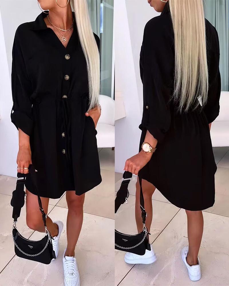 Roll Up Sleeve Buttoned Shirt Dress