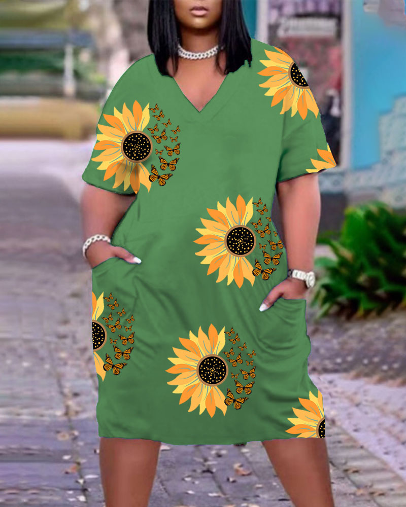 Casual Dresses Plus Size Sunflower Butterfly Print Casual Dress