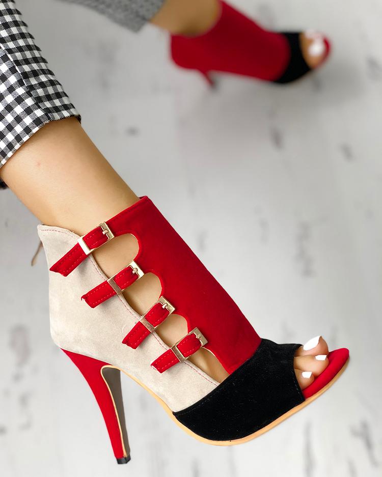 Boots  ChicMe Colorblock Splicing Hollow Out Buckled Thin Heels