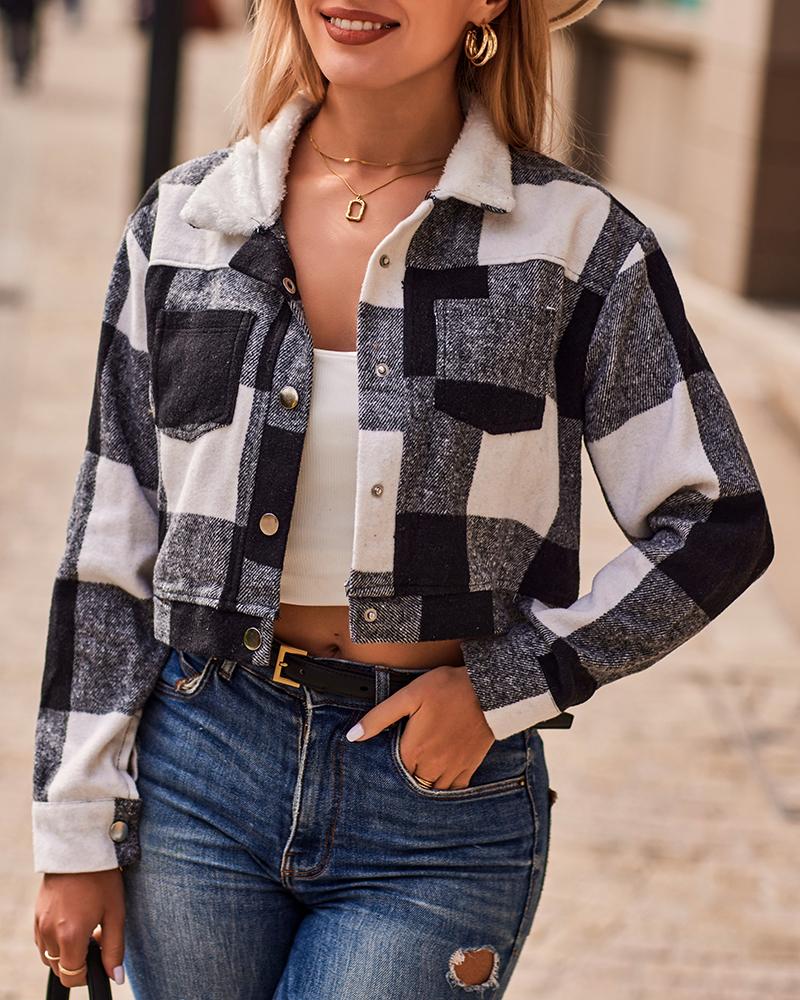 Plaid Print Button Pocket Decor Jacket