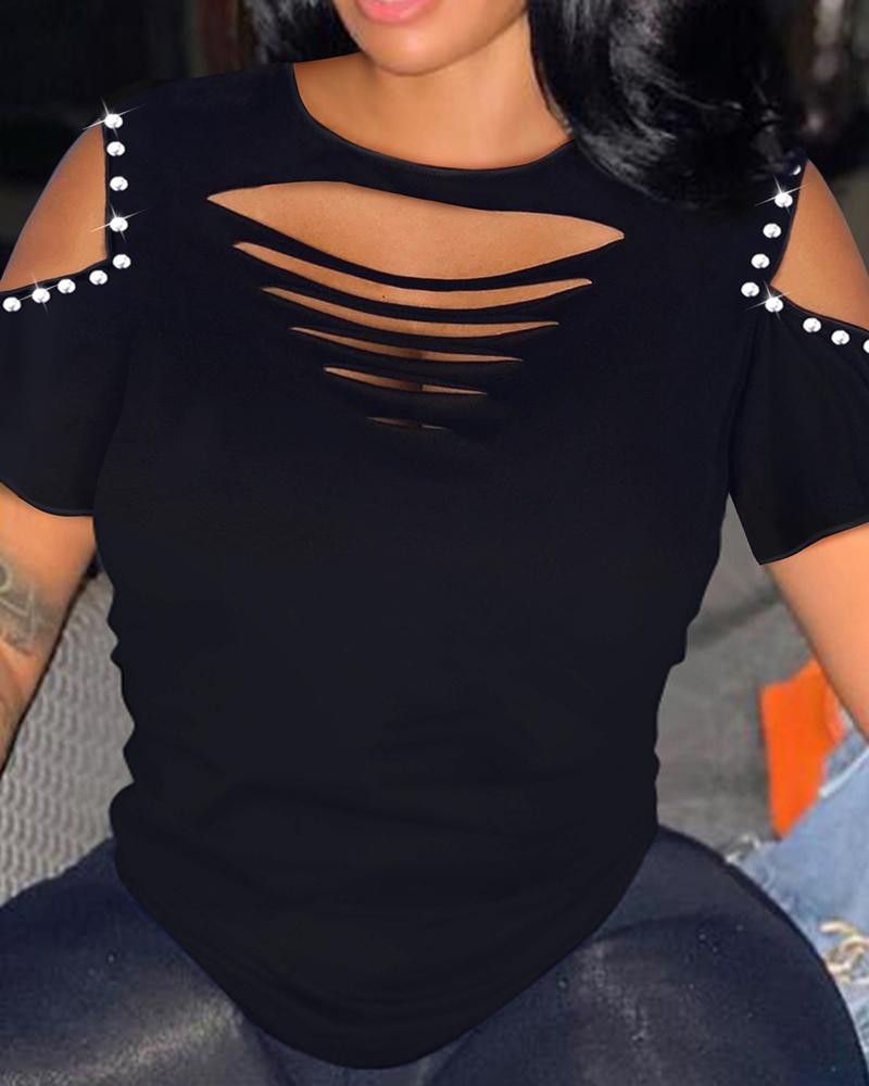 Rhinestone Cutout Cold Shoulder T-shirt