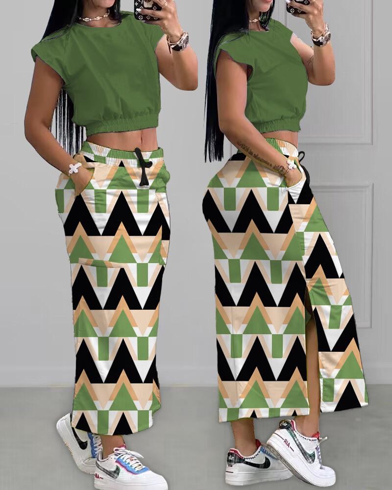 Cap Sleeve Top & Geometric Print Slit Skirt Set