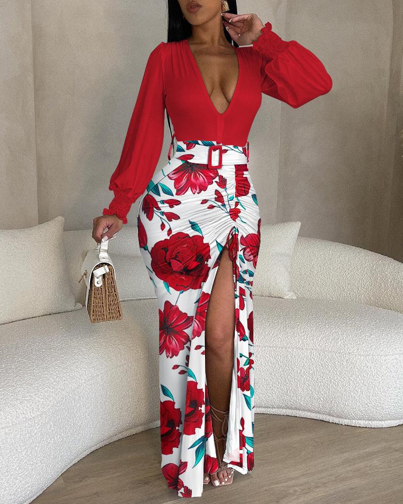 Floral Print Plunge High Slit Drawstring Maxi Dress