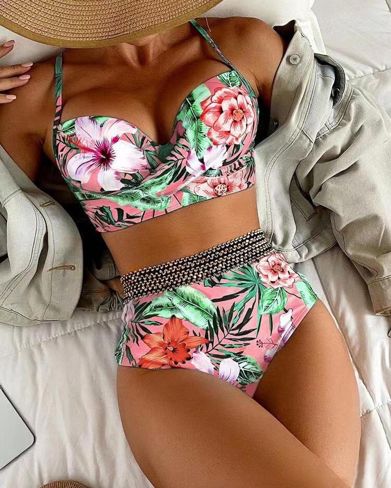 Tropical Print Crisscross Summer Beach Bikini Set