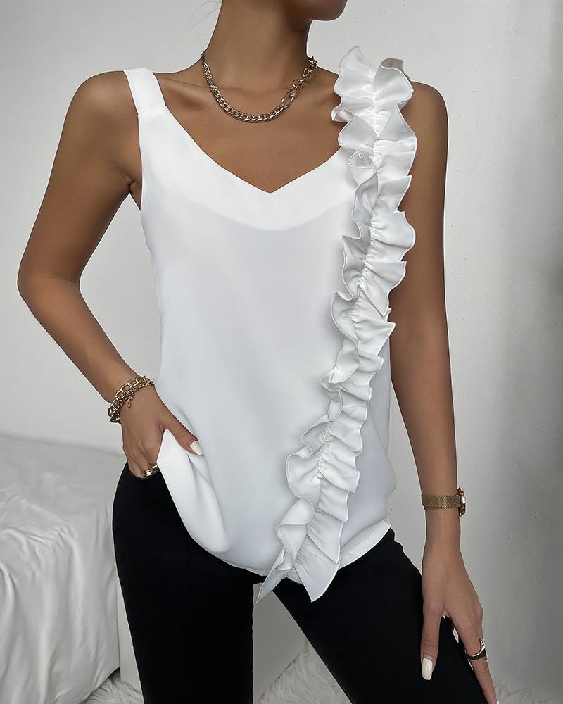 Thick Strap V-Neck Ruffle Hem Top