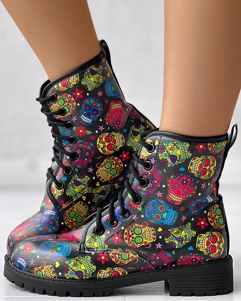 Halloween Skull Head Print Lace-up Ankle Boots