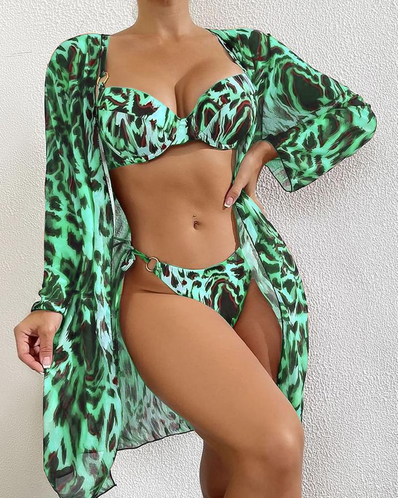 3PCS Leopard Print Bikini Set With Cover Up