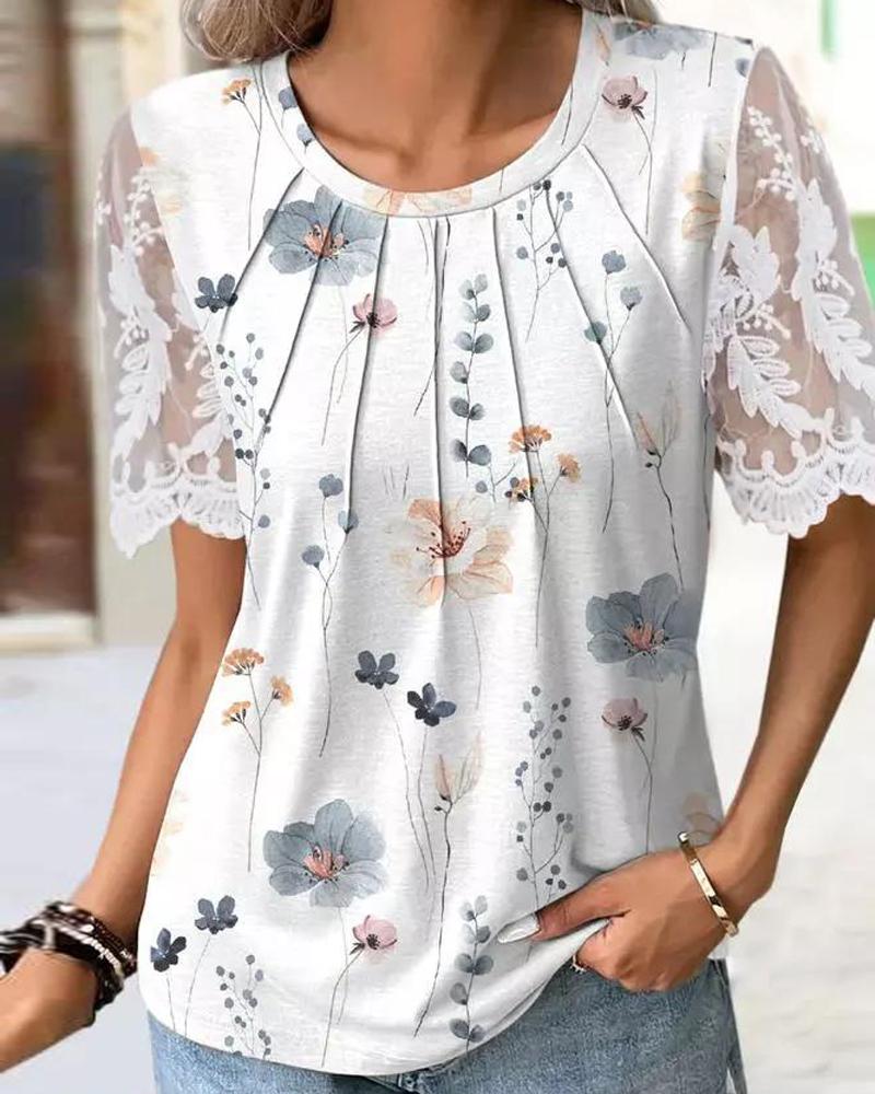 Floral Print Ruched Lace Patch Casual T-shirt