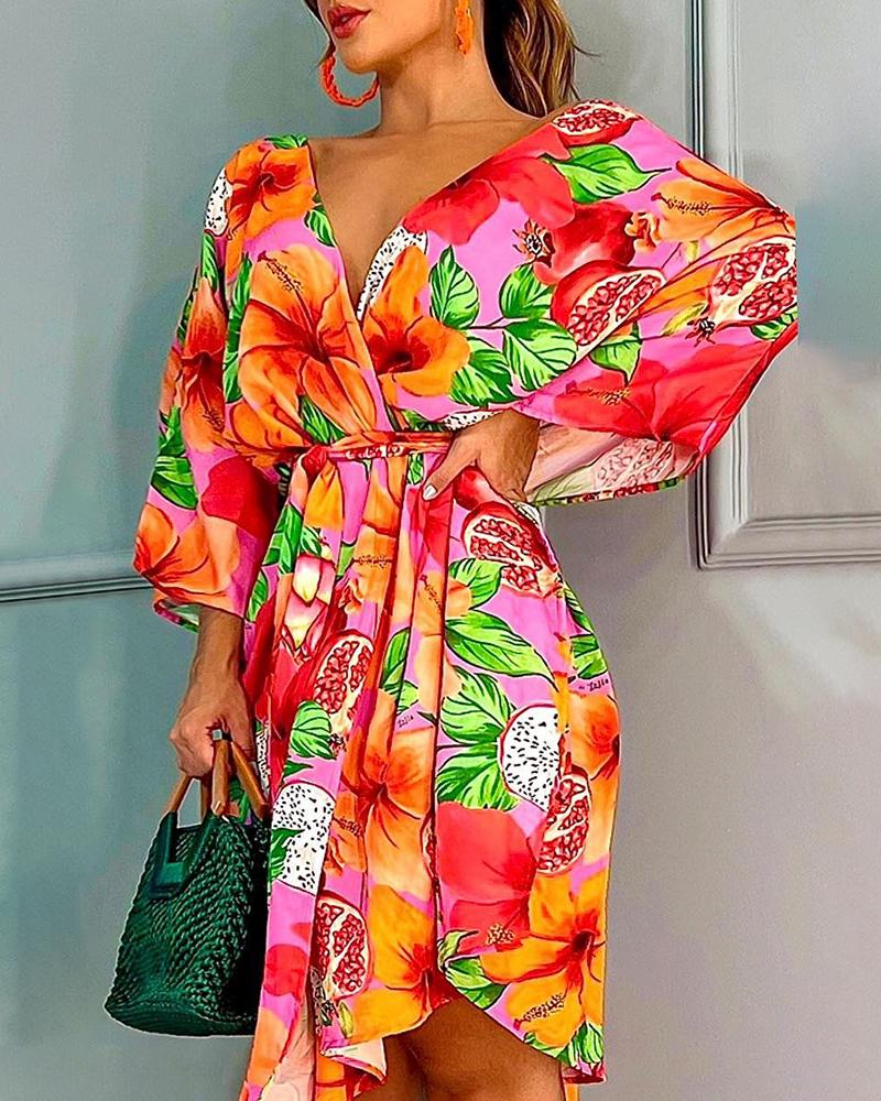 Bell Sleeve Backless Floral Print Dress