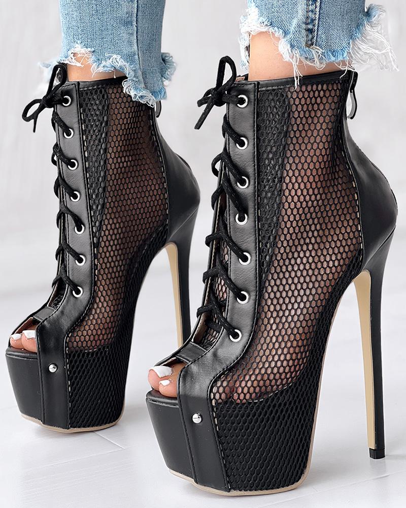 Lace-up Peep Toe Platform Fishnet Design Ankle Boots