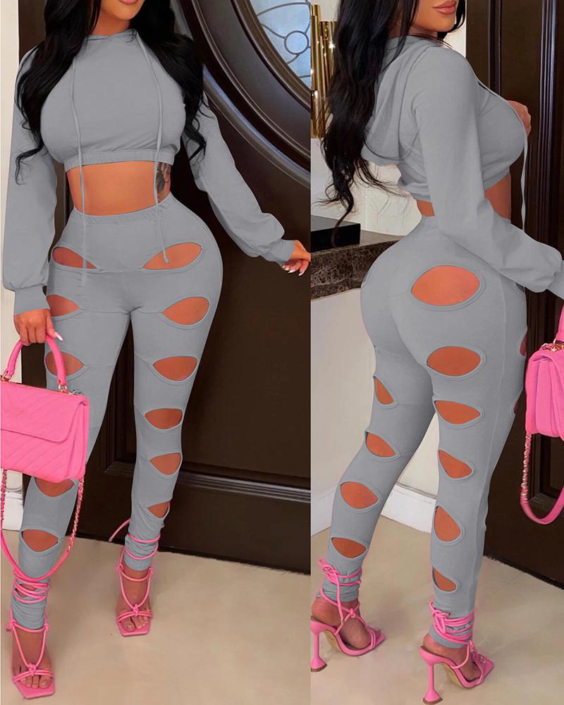 Long Sleeve Hooded Top & High Waist Cutout Pants Set