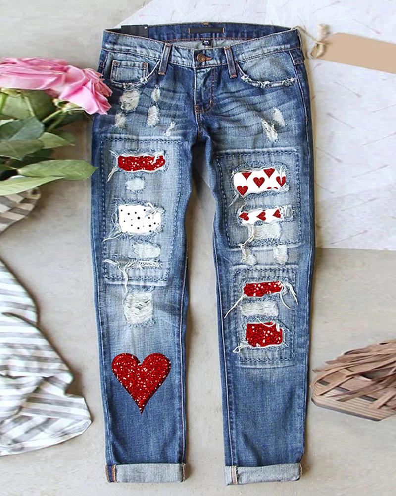 Valentine's Day Heart Pattern Ripped Jeans