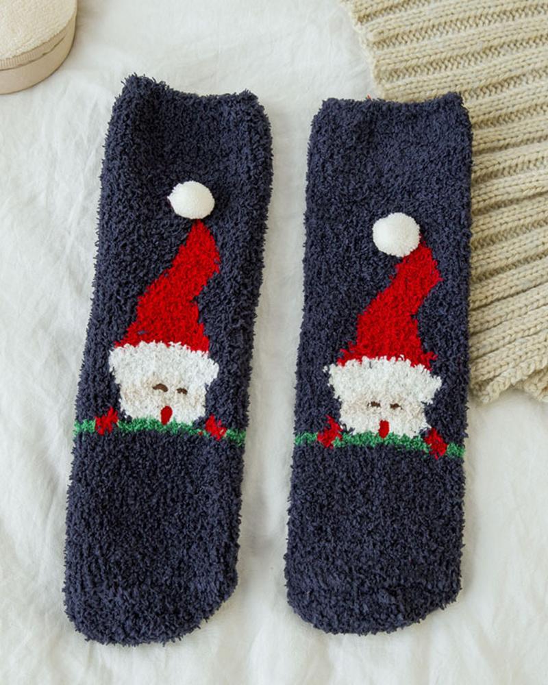 1Pair Christmas Santa Colorblcok Fuzzy Thermal Socks