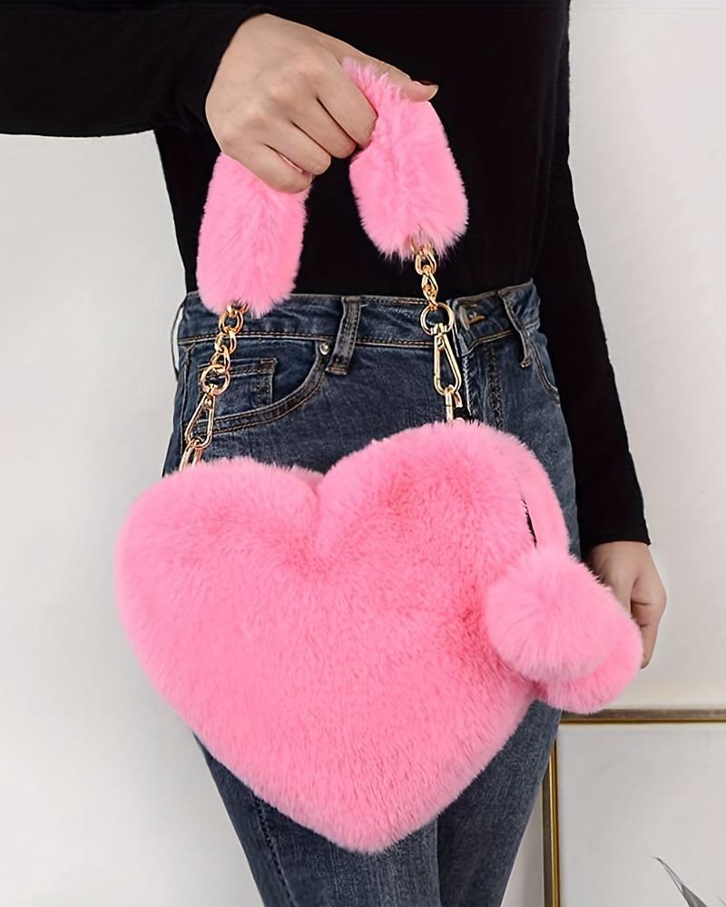 Fluffy Heart Shaped Pom Pom Chain Strap Handbag