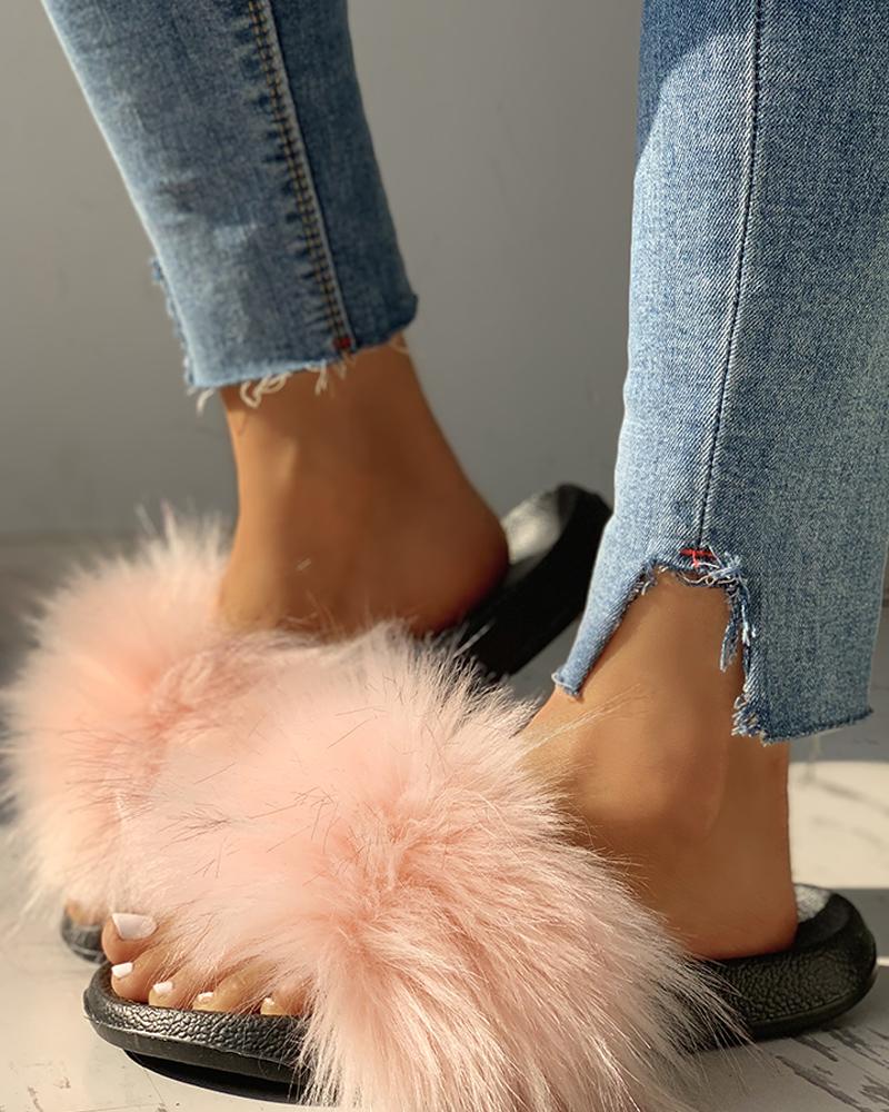 Peep Toe Fluffy Flat Slipper Sandals