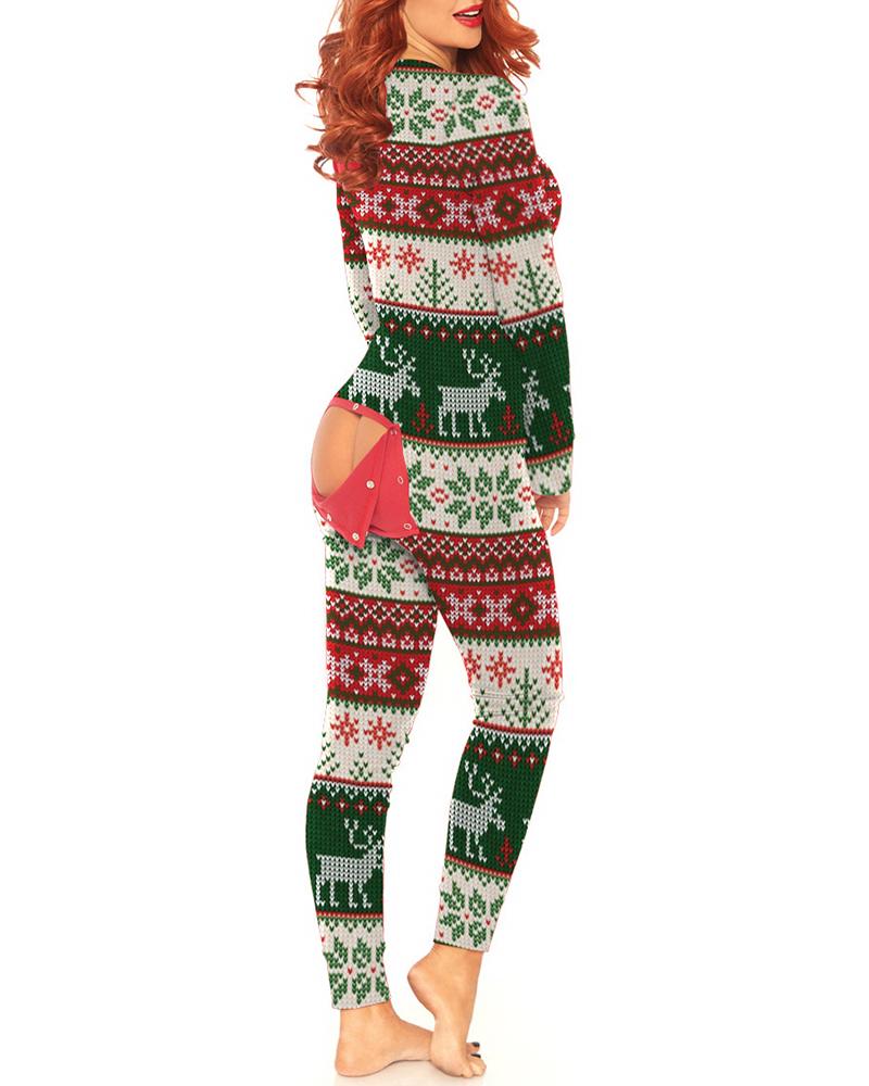   ChicMe Christmas Deer Graphic Print Long Sleeve Functional Adult Onesie