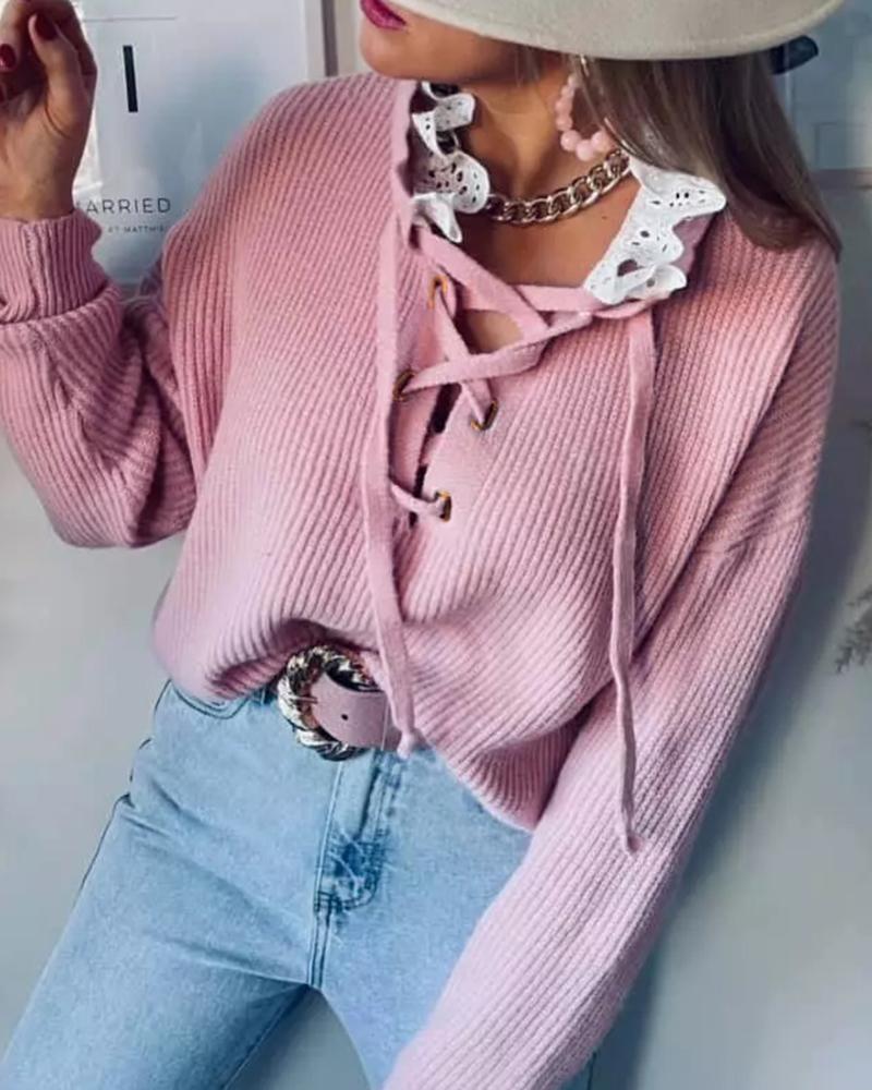 Eyelet Lace-up Lace Patch Sweater